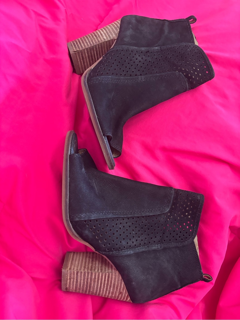 Lucky Brand Black Suede Perforated Peep-Toe Ankle Booties